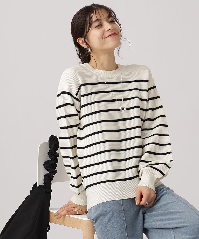 SHOO･LA･RUE「【洗える】インでもアウトでも  レディライクなボーダーニット」|ニット・セーター|ブラック(319)