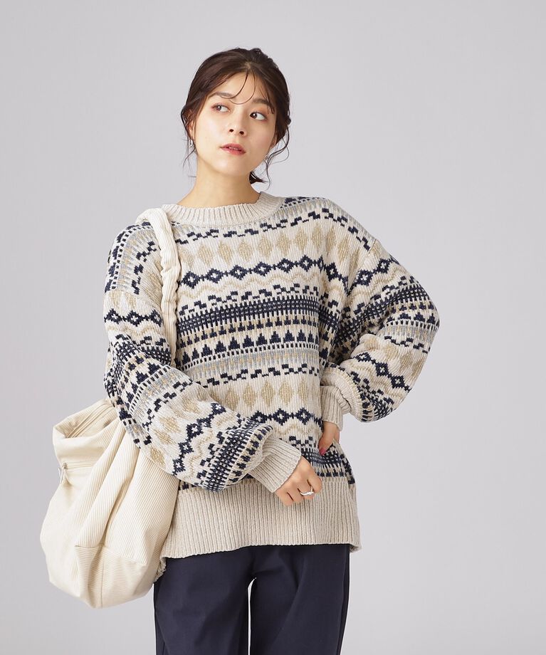 SHOO･LA･RUE「【洗える】大人レトロな雰囲気に モール ジャカードニット」|ニット・セーター|