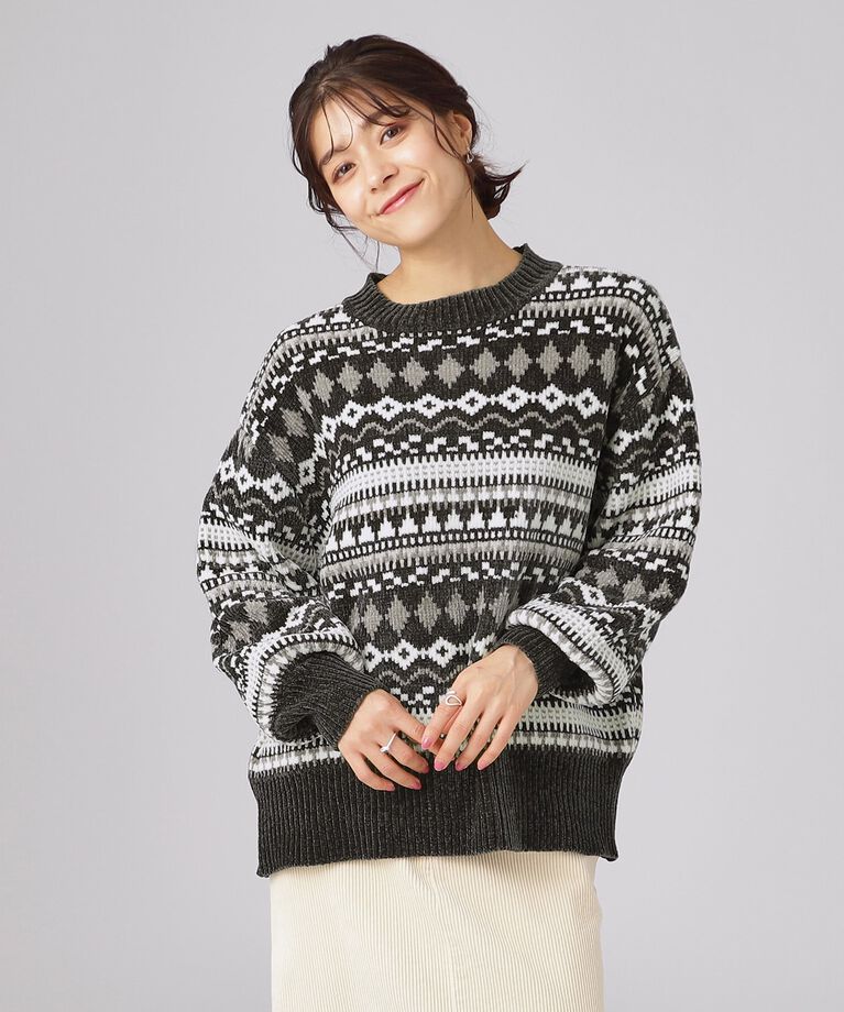 SHOO･LA･RUE「【洗える】大人レトロな雰囲気に モール ジャカードニット」|ニット・セーター|ブラック(419)