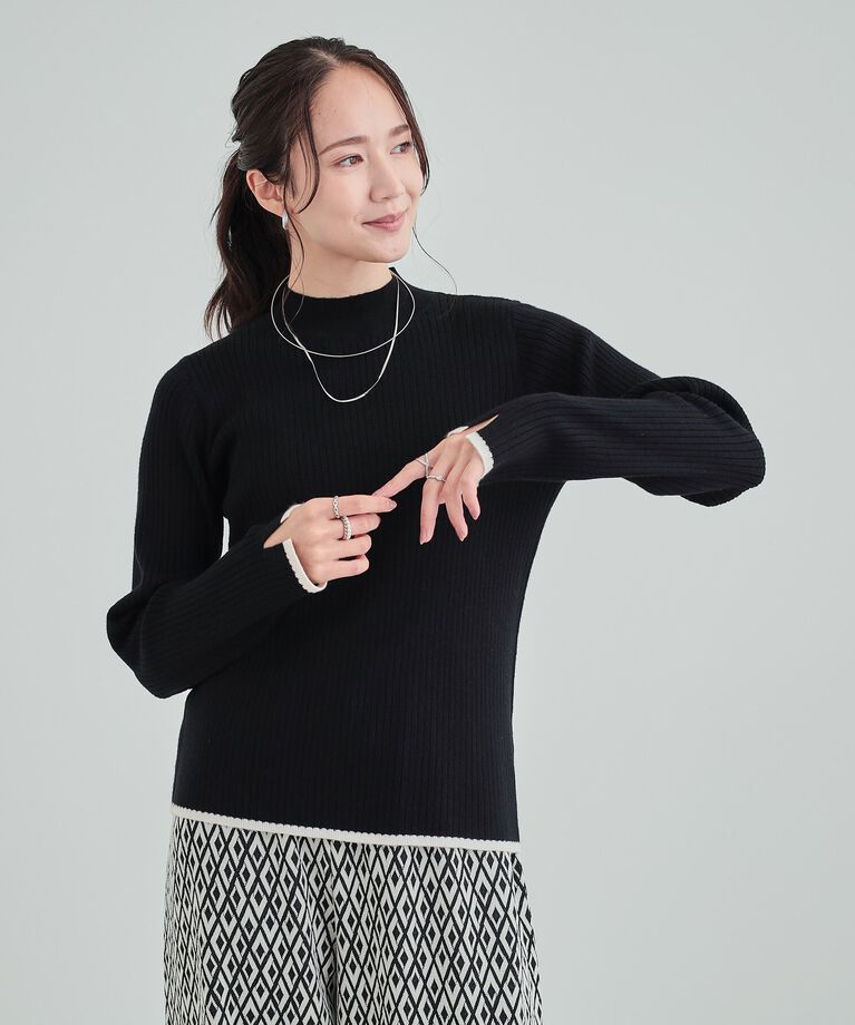SHOO･LA･RUE「【洗える】1枚でこなれ見え 配色ライン リブハイネックニット」|ニット・セーター|