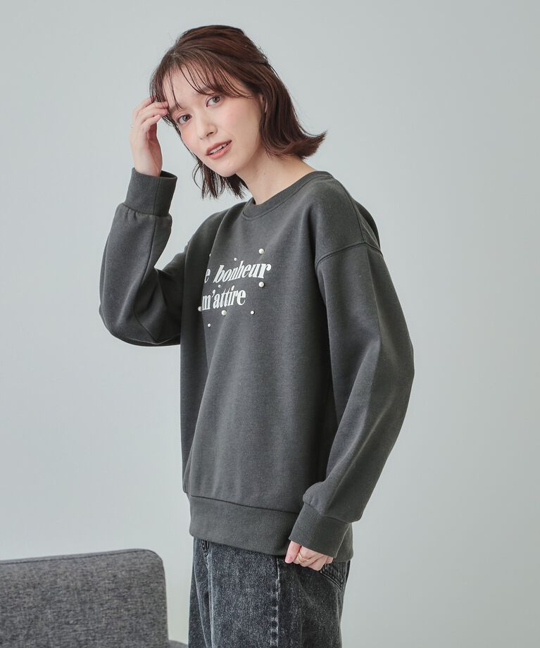 SHOO･LA･RUE「【S-LL】フェイクパール付きロゴ裏起毛トップス」|Tシャツ・カットソー|
