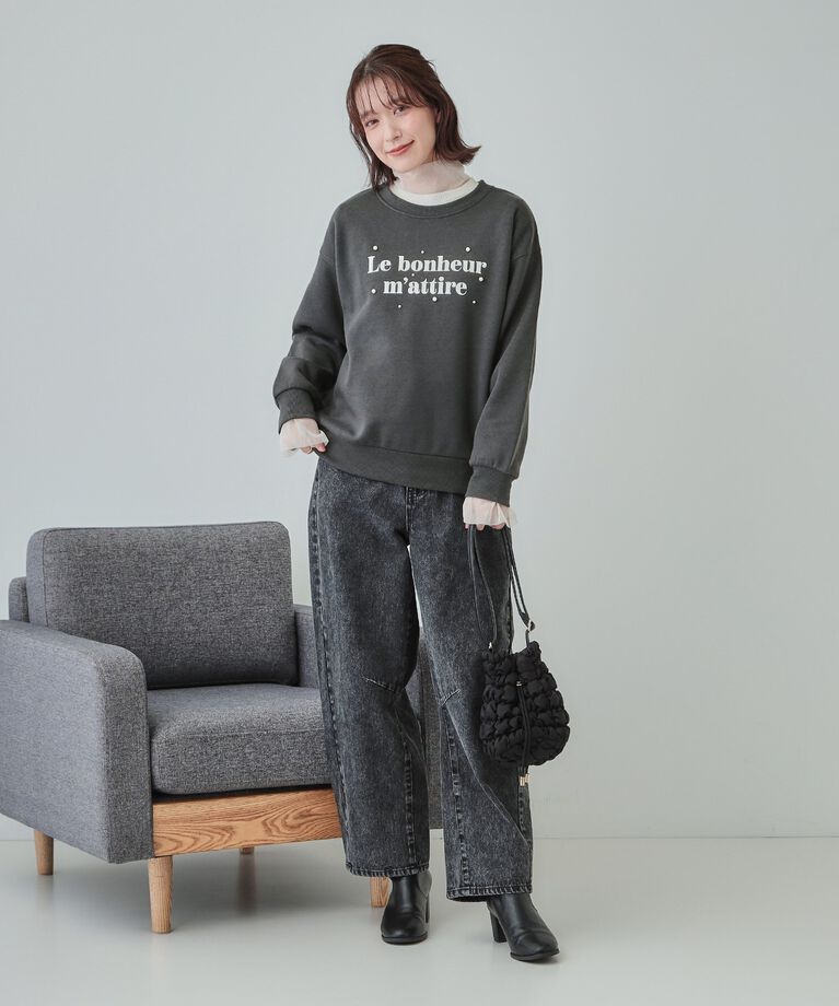SHOO･LA･RUE「【S-LL】フェイクパール付きロゴ裏起毛トップス」|Tシャツ・カットソー|