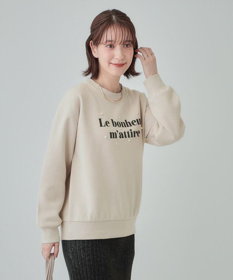 SHOO･LA･RUE「【S-LL】フェイクパール付きロゴ裏起毛トップス」|Tシャツ・カットソー|