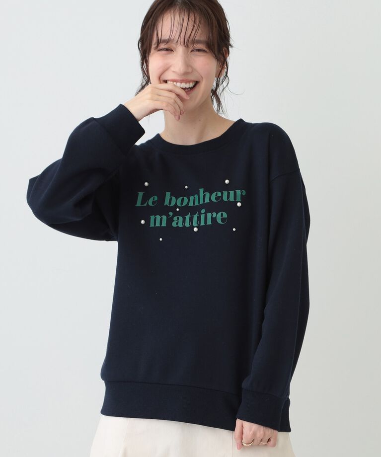 SHOO･LA･RUE「【S-LL】フェイクパール付きロゴ裏起毛トップス」|Tシャツ・カットソー|ネイビー(094)