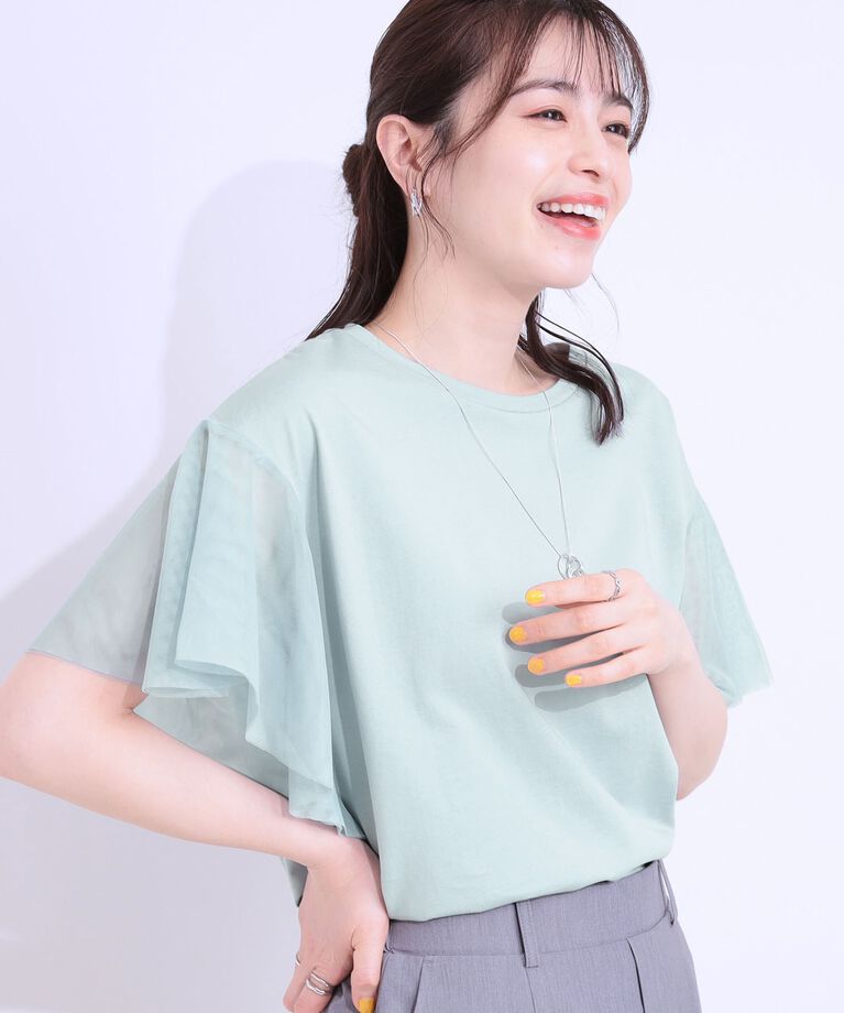 SHOO･LA･RUE「【S-LL/ひんやり】大人フェミニンに お袖チュール フリルトップス」|Tシャツ・カットソー|ブルー(091)