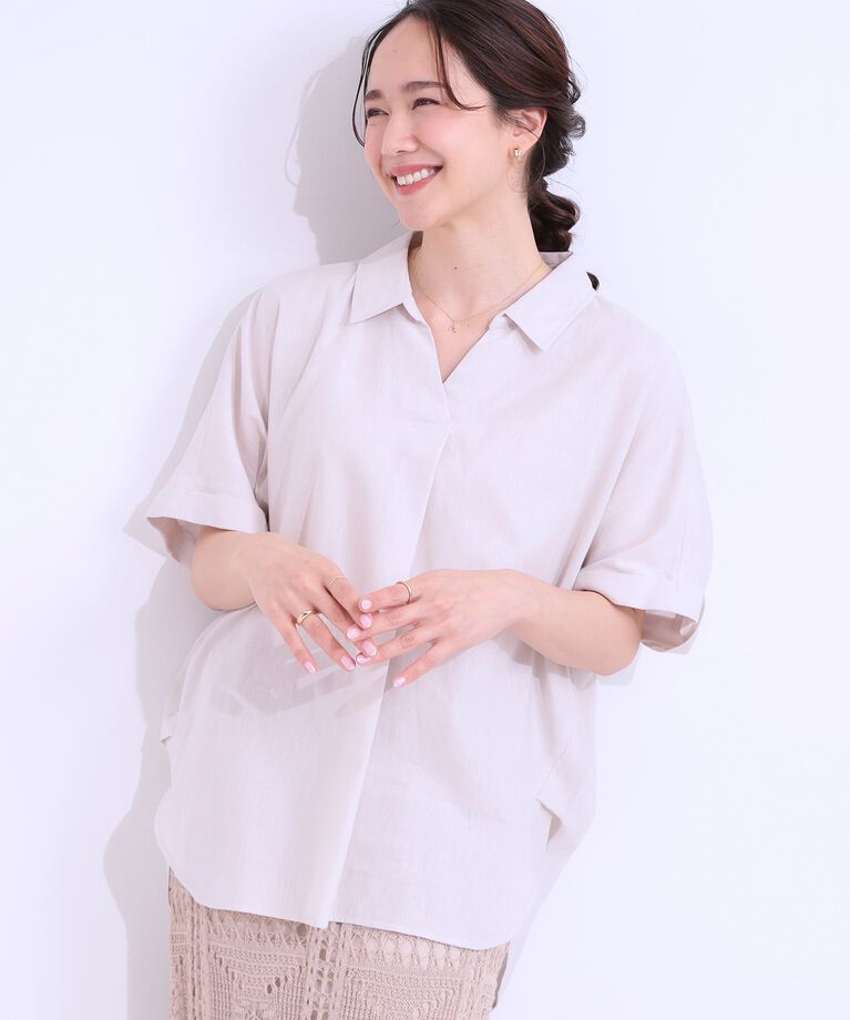 SHOO･LA･RUE「【S-LL/UV/接触冷感/抗菌防臭】体型を自然にカバー フレンチリネンブレンド襟付ドルマンシャツ」|シャツ・ブラウス|グレージュ(012)