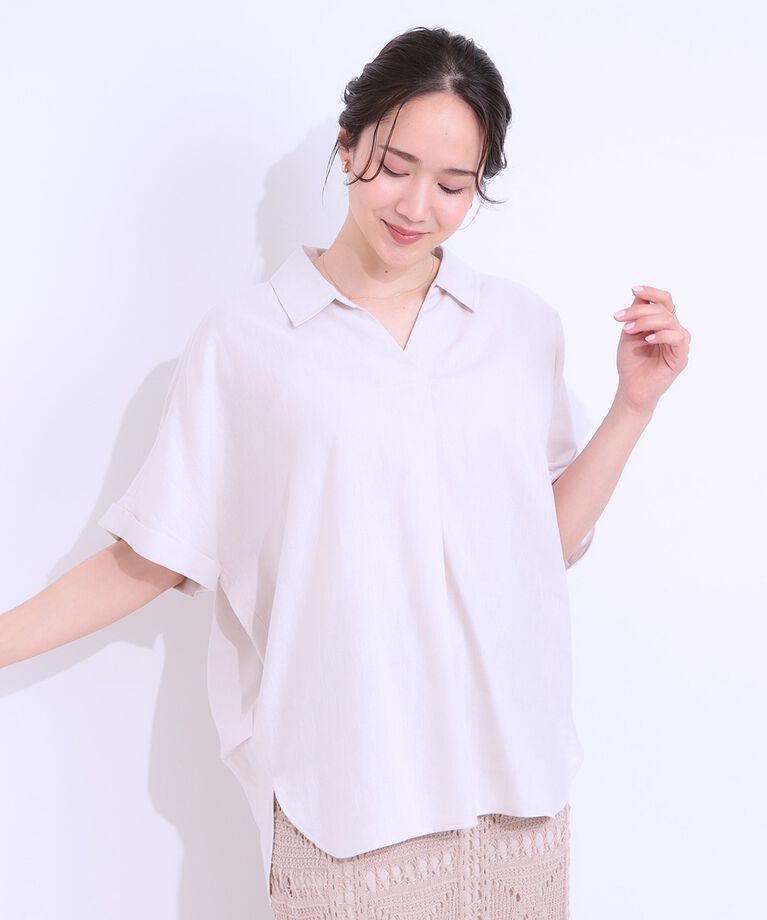 SHOO･LA･RUE「【S-LL/UV/接触冷感/抗菌防臭】体型を自然にカバー フレンチリネンブレンド襟付ドルマンシャツ」|シャツ・ブラウス|