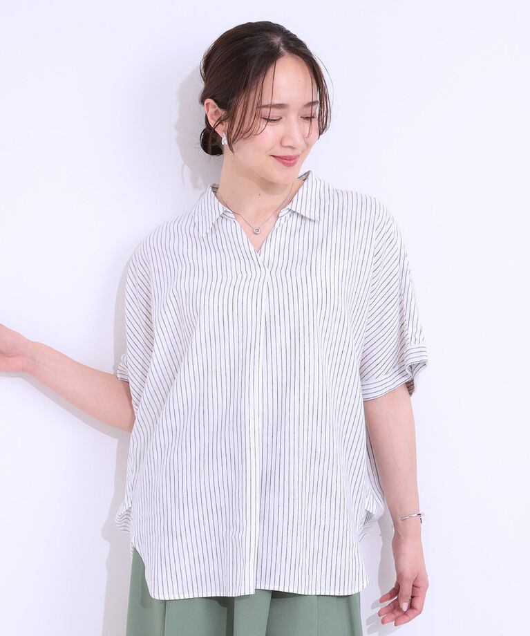 SHOO･LA･RUE「【S-LL/UV/接触冷感/抗菌防臭】体型を自然にカバー フレンチリネンブレンド襟付ドルマンシャツ」|シャツ・ブラウス|