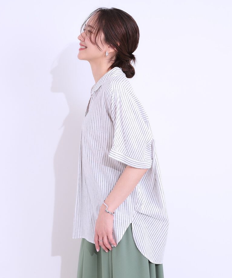 SHOO･LA･RUE「【S-LL/UV/接触冷感/抗菌防臭】体型を自然にカバー フレンチリネンブレンド襟付ドルマンシャツ」|シャツ・ブラウス|