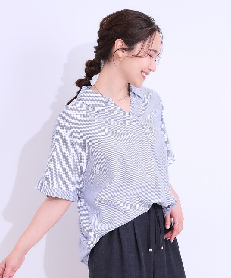 SHOO･LA･RUE「【S-LL/UV/接触冷感/抗菌防臭】体型を自然にカバー フレンチリネンブレンド襟付ドルマンシャツ」|シャツ・ブラウス|