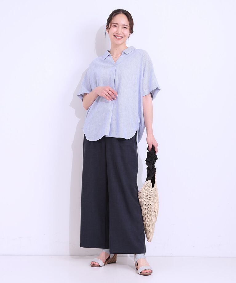 SHOO･LA･RUE「【S-LL/UV/接触冷感/抗菌防臭】体型を自然にカバー フレンチリネンブレンド襟付ドルマンシャツ」|シャツ・ブラウス|