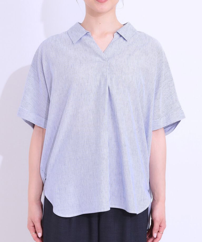 SHOO･LA･RUE「【S-LL/UV/接触冷感/抗菌防臭】体型を自然にカバー フレンチリネンブレンド襟付ドルマンシャツ」|シャツ・ブラウス|