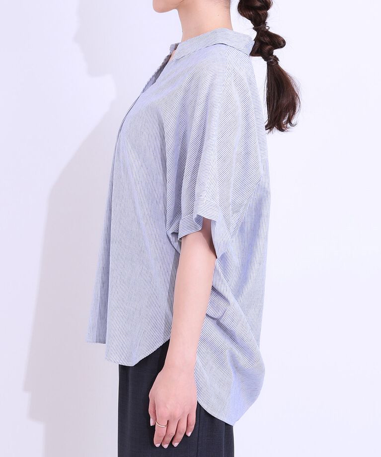 SHOO･LA･RUE「【S-LL/UV/接触冷感/抗菌防臭】体型を自然にカバー フレンチリネンブレンド襟付ドルマンシャツ」|シャツ・ブラウス|