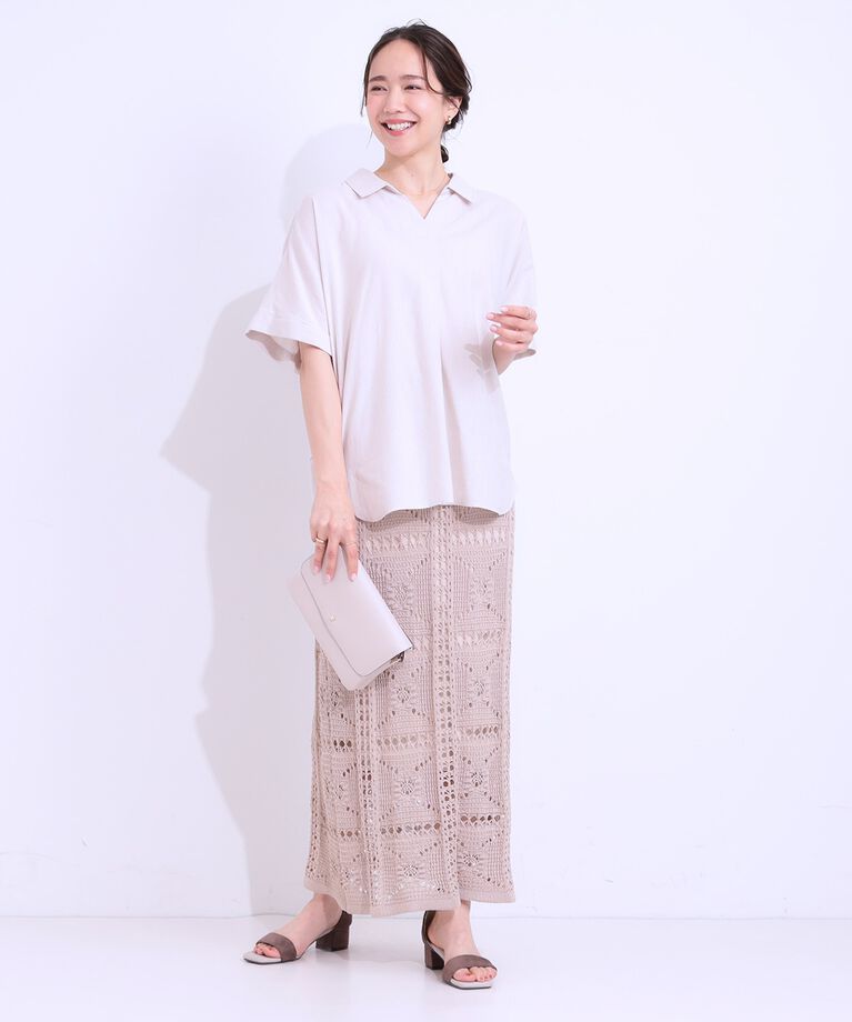 SHOO･LA･RUE「【S-LL/UV/接触冷感/抗菌防臭】体型を自然にカバー フレンチリネンブレンド襟付ドルマンシャツ」|シャツ・ブラウス|
