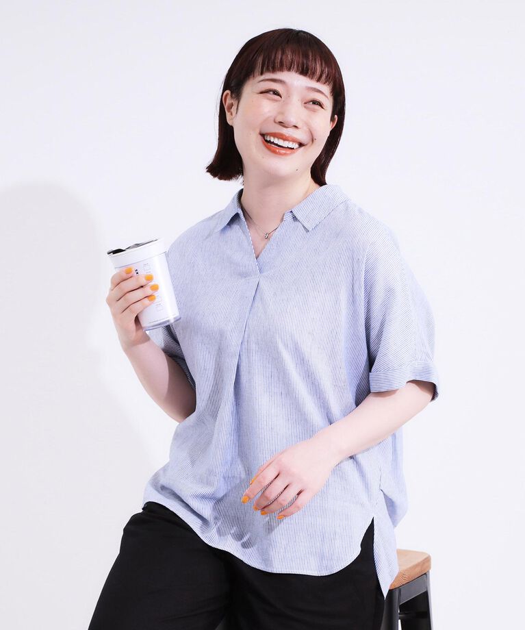 SHOO･LA･RUE「【S-LL/UV/接触冷感/抗菌防臭】体型を自然にカバー フレンチリネンブレンド襟付ドルマンシャツ」|シャツ・ブラウス|