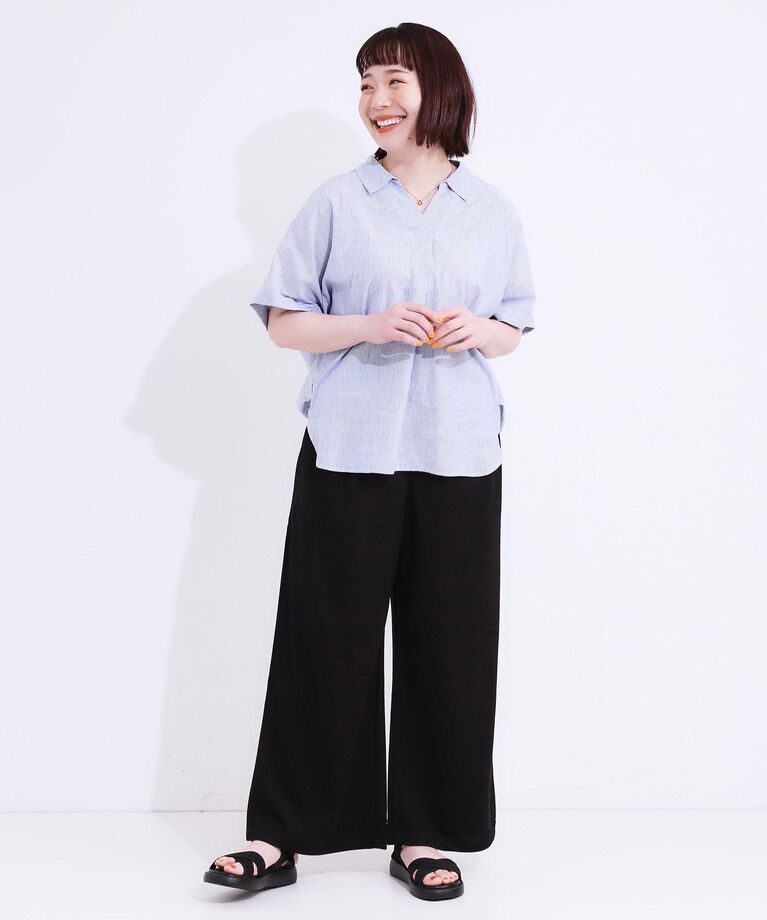 SHOO･LA･RUE「【S-LL/UV/接触冷感/抗菌防臭】体型を自然にカバー フレンチリネンブレンド襟付ドルマンシャツ」|シャツ・ブラウス|