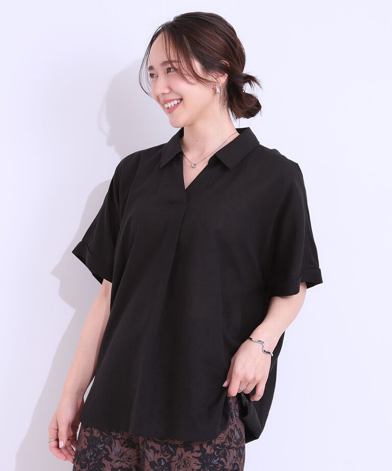 SHOO･LA･RUE「【S-LL/UV/接触冷感/抗菌防臭】体型を自然にカバー フレンチリネンブレンド襟付ドルマンシャツ」|シャツ・ブラウス|