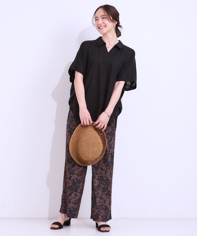 SHOO･LA･RUE「【S-LL/UV/接触冷感/抗菌防臭】体型を自然にカバー フレンチリネンブレンド襟付ドルマンシャツ」|シャツ・ブラウス|