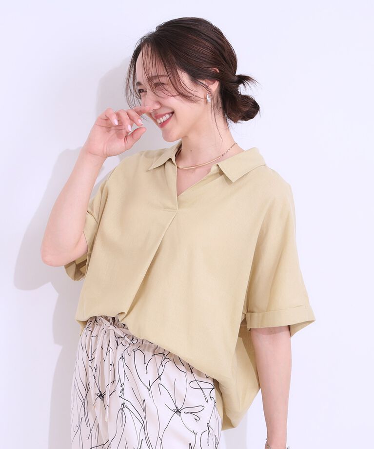 SHOO･LA･RUE「【S-LL/UV/接触冷感/抗菌防臭】体型を自然にカバー フレンチリネンブレンド襟付ドルマンシャツ」|シャツ・ブラウス|