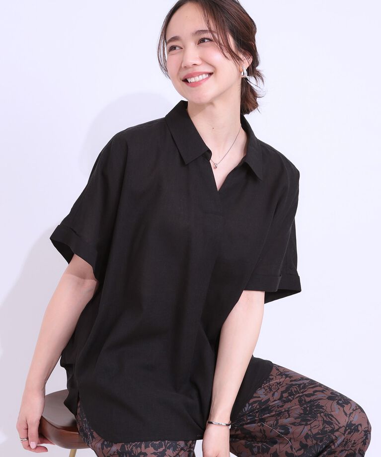 SHOO･LA･RUE「【S-LL/UV/接触冷感/抗菌防臭】体型を自然にカバー フレンチリネンブレンド襟付ドルマンシャツ」|シャツ・ブラウス|ブラック(019)