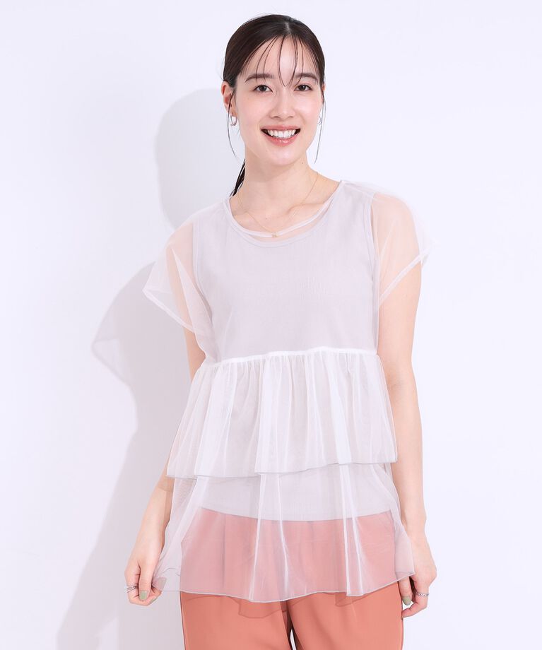 SHOO･LA･RUE「【S-LL/2点セット】程よい甘さをプラス Tシャツ＋チュールトップス」|Tシャツ・カットソー|
