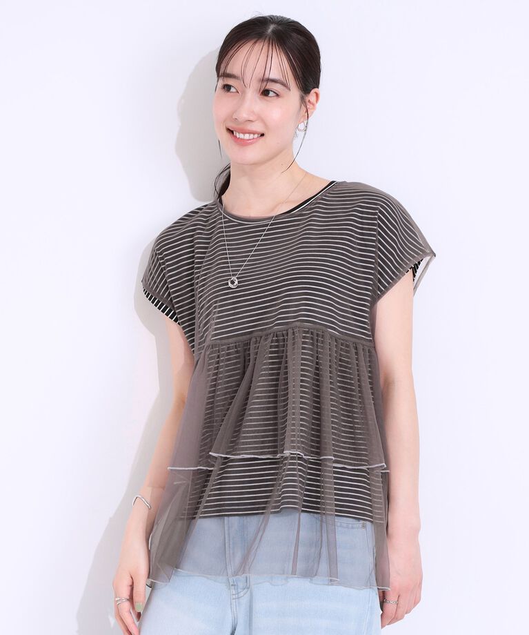 SHOO･LA･RUE「【S-LL/2点セット】程よい甘さをプラス Tシャツ＋チュールトップス」|Tシャツ・カットソー|