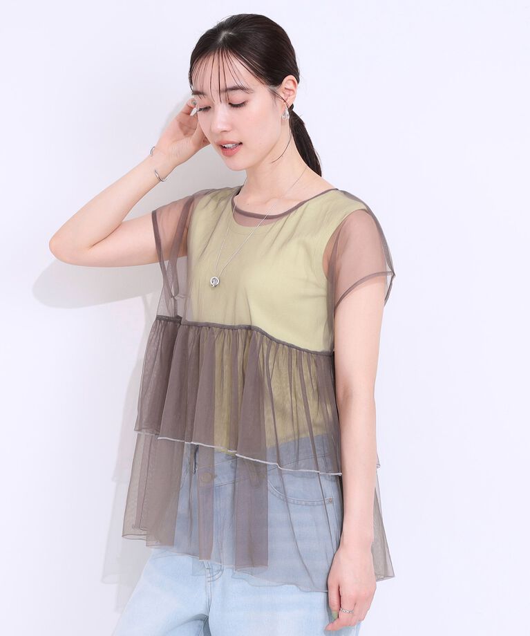 SHOO･LA･RUE「【S-LL/2点セット】程よい甘さをプラス Tシャツ＋チュールトップス」|Tシャツ・カットソー|