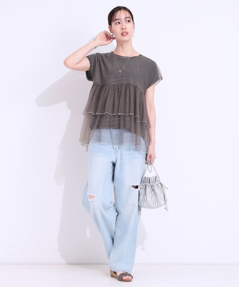 SHOO･LA･RUE「【S-LL/2点セット】程よい甘さをプラス Tシャツ＋チュールトップス」|Tシャツ・カットソー|