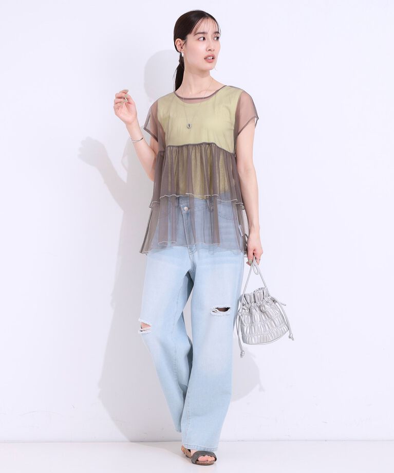 SHOO･LA･RUE「【S-LL/2点セット】程よい甘さをプラス Tシャツ＋チュールトップス」|Tシャツ・カットソー|