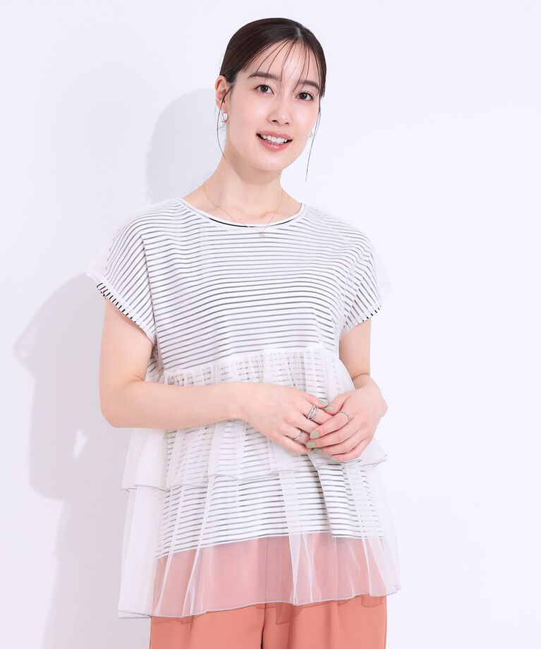 SHOO･LA･RUE「【S-LL/2点セット】程よい甘さをプラス Tシャツ＋チュールトップス」|Tシャツ・カットソー|