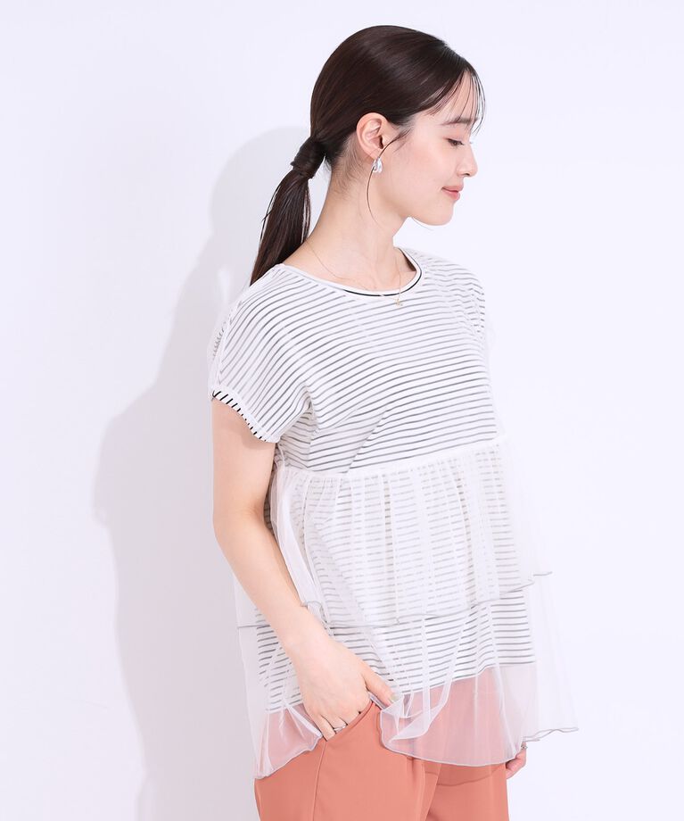 SHOO･LA･RUE「【S-LL/2点セット】程よい甘さをプラス Tシャツ＋チュールトップス」|Tシャツ・カットソー|