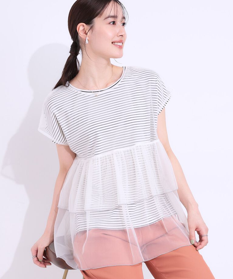 SHOO･LA･RUE「【S-LL/2点セット】程よい甘さをプラス Tシャツ＋チュールトップス」|Tシャツ・カットソー|オフホワイト(303