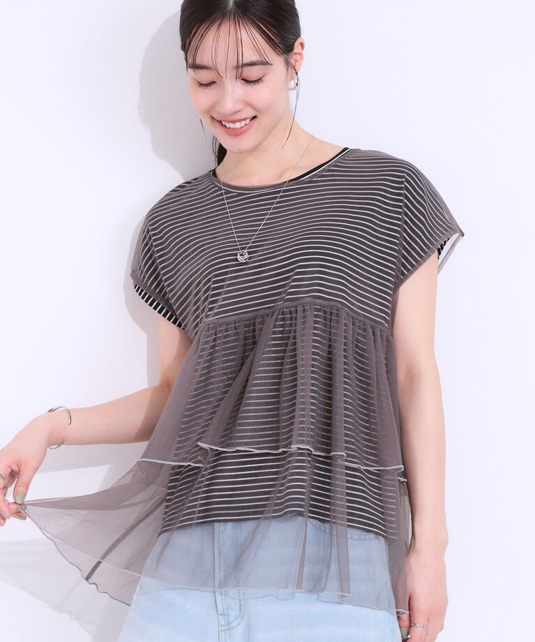 SHOO･LA･RUE「【S-LL/2点セット】程よい甘さをプラス Tシャツ＋チュールトップス」|Tシャツ・カットソー|ブラック(319)