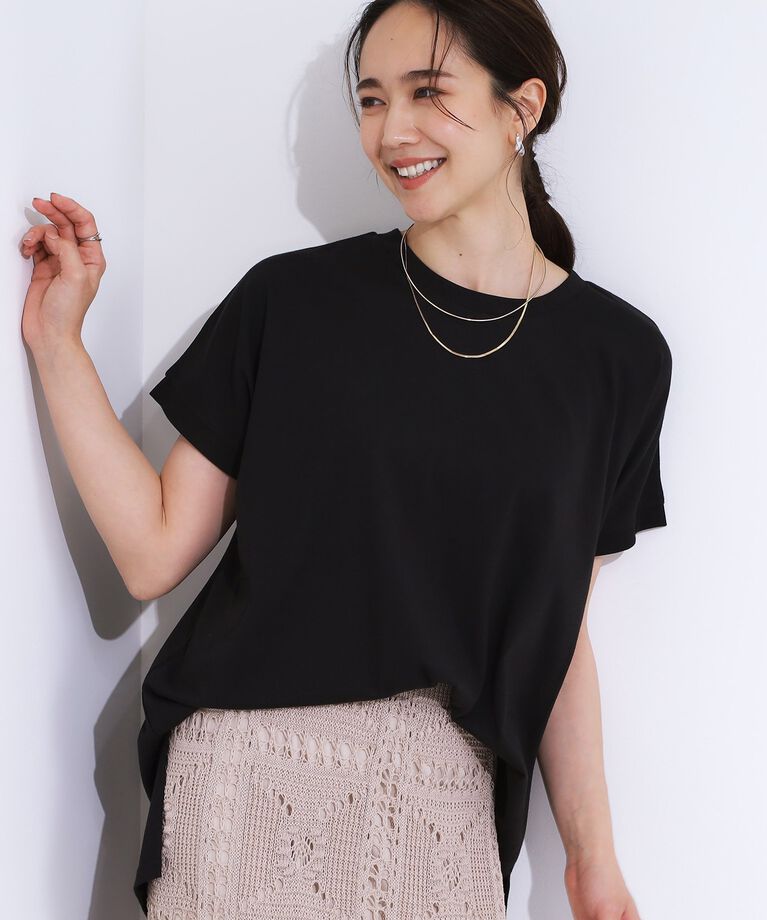 SHOO･LA･RUE「【洗える/S-LL/ひんやり/UV】汗をかいても気になりにくい スリットトップス」|Tシャツ・カットソー|ブラック(019)