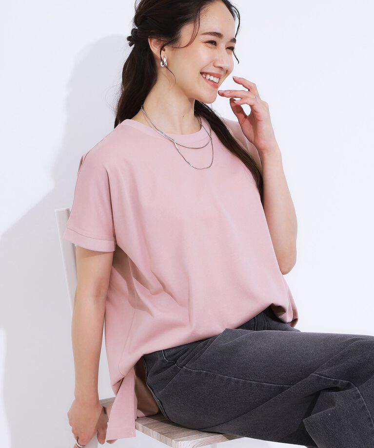 SHOO･LA･RUE「【洗える/S-LL/ひんやり/UV】汗をかいても気になりにくい スリットトップス」|Tシャツ・カットソー|ピンク(071)