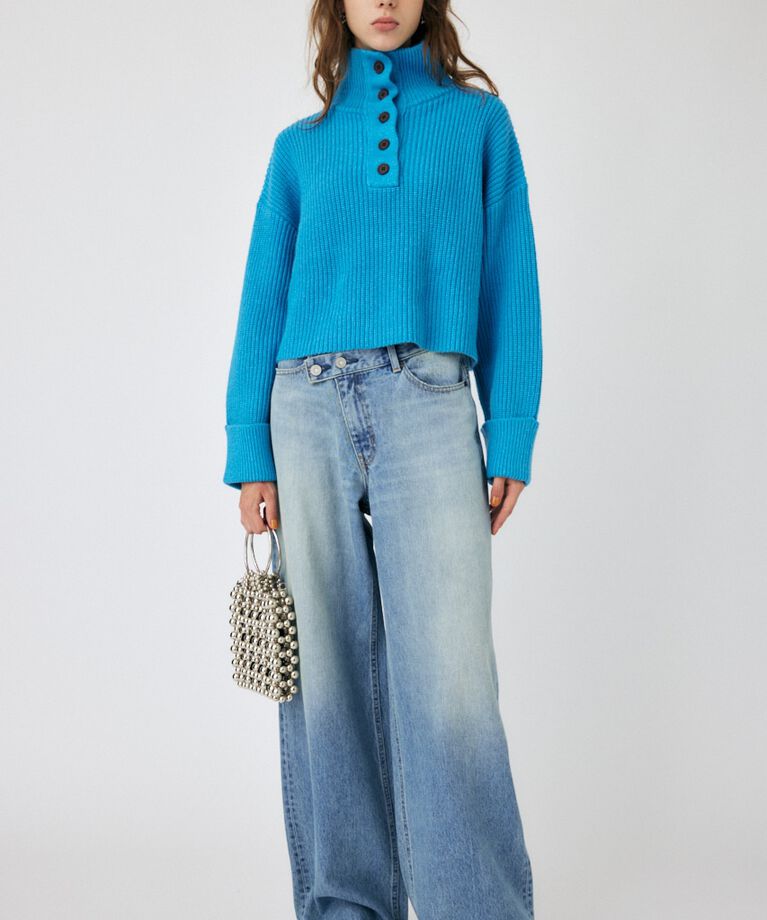 MOUSSY「BUTTON UP HI NECK KNIT トップス」|ニット・セーター|BLU