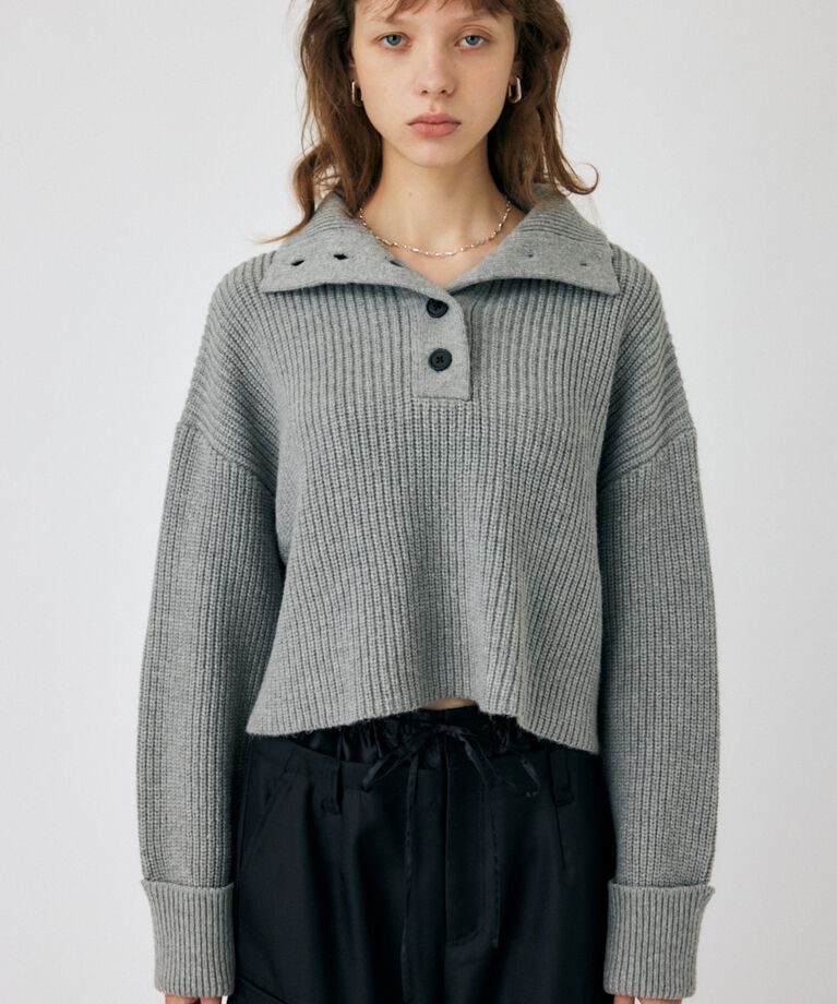 MOUSSY「BUTTON UP HI NECK KNIT トップス」|ニット・セーター|GRY