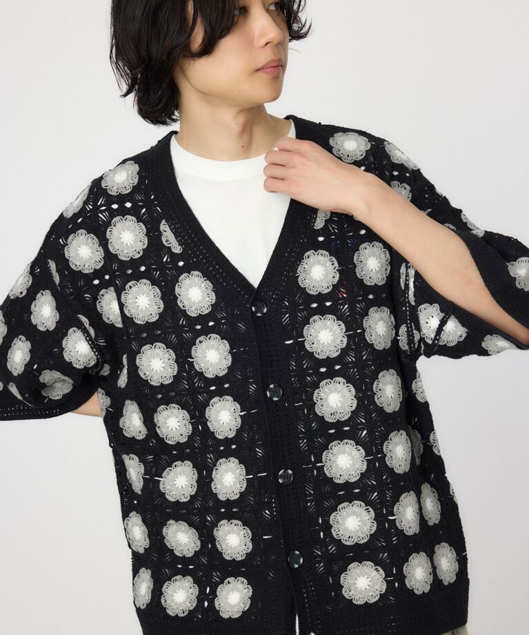 RODEO CROWNS「クロシェフラワー半袖ニットカーディガン」|カーディガン|BLK