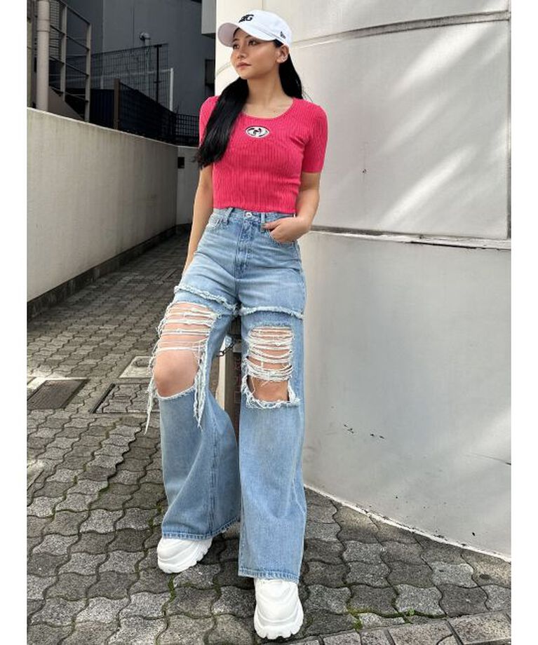 GYDA「ハイウエストThighs cutデザインダメージワイドデニムパンツ」|デニム|