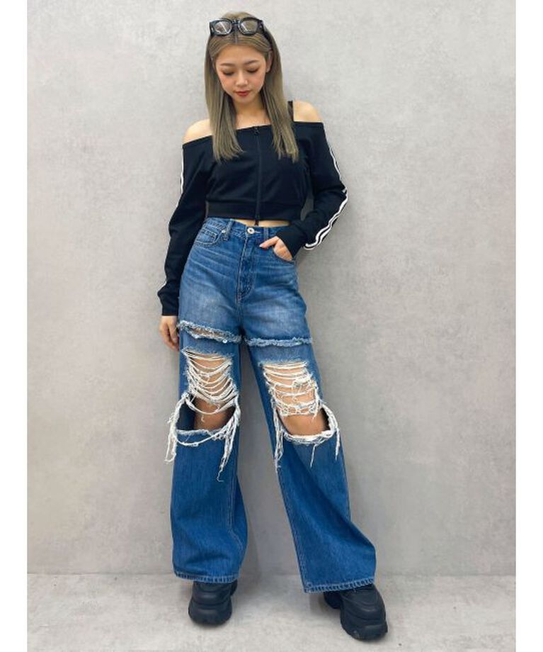 GYDA「ハイウエストThighs cutデザインダメージワイドデニムパンツ」|デニム|