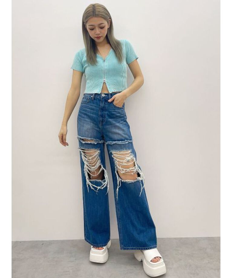 GYDA「ハイウエストThighs cutデザインダメージワイドデニムパンツ」|デニム|