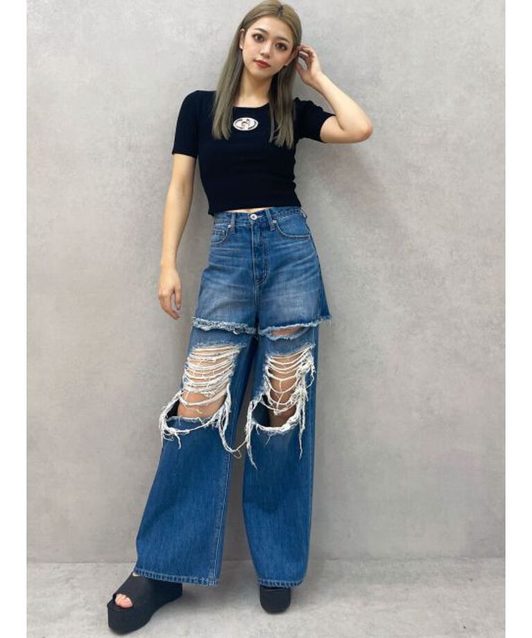 GYDA「ハイウエストThighs cutデザインダメージワイドデニムパンツ」|デニム|