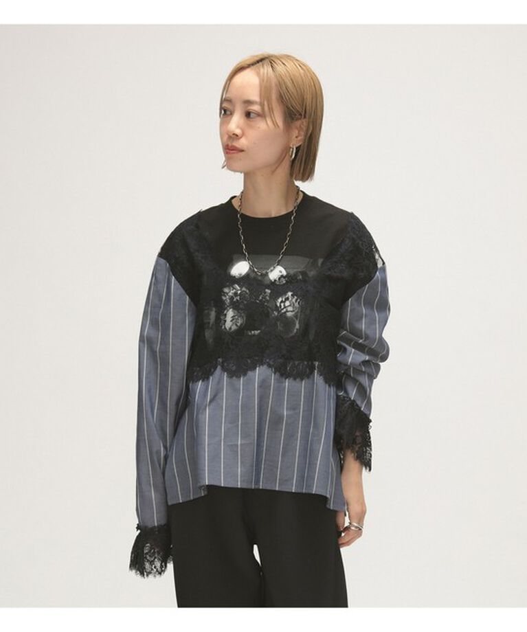 BEAMSBOY「maturely / レース アンド ストライプ ブラウス バック トゥ フロント」|シャツ・ブラウス|NAVY