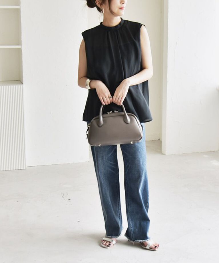 quaranciel「quaranciel:〈洗濯機可能〉シアー スタンドカラー ノースリーブ ギャザー シャツ ブラウス」|シャツ・ブラウス|