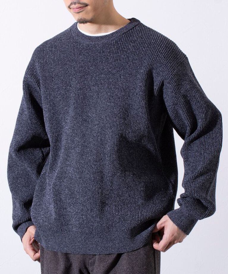 GLOSTER「【GLOSTER/グロスター】片畦編み ミックス クルーネック  プルオーバー ニット」|ニット・セーター|チャコールグレー