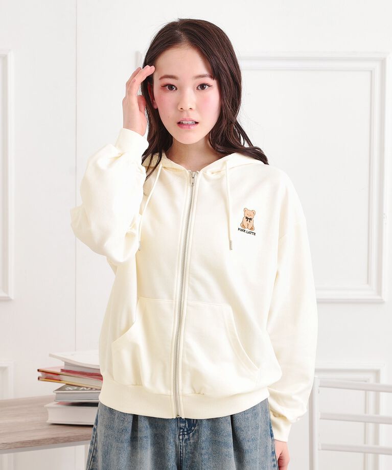PINK-latte「ミニ裏クマ刺繍ジップパーカー」|パーカー|