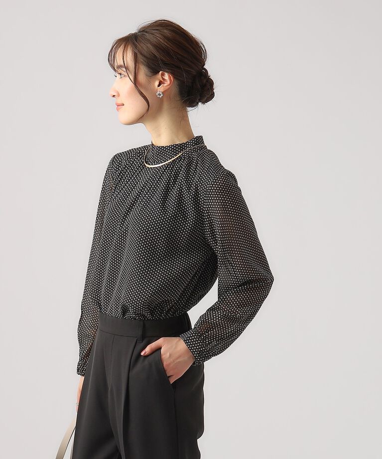 SHOO･LA･RUE「【無理せずキレイ/イージーケア】上品なシアー感 アソート幾何柄 ハイネックブラウス」|シャツ・ブラウス|