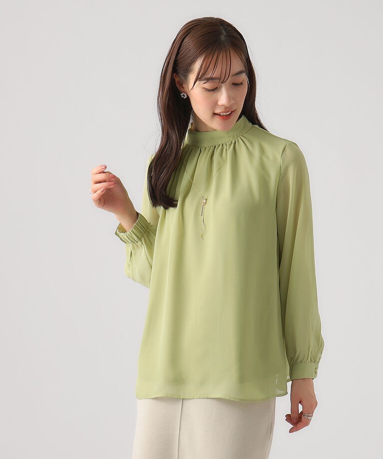 SHOO･LA･RUE「【無理せずキレイ/イージーケア】上品なシアー感 アソート幾何柄 ハイネックブラウス」|シャツ・ブラウス|