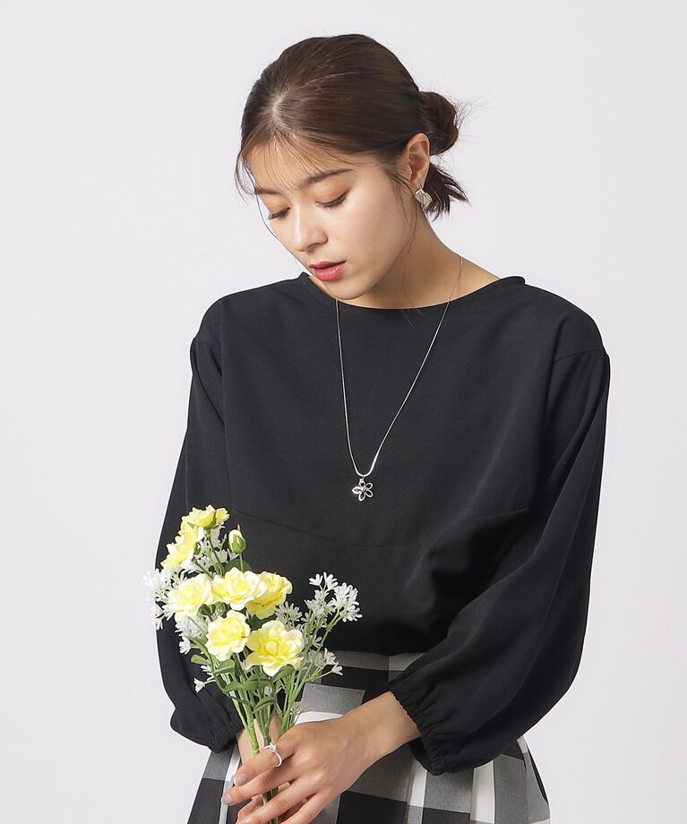 SHOO･LA･RUE「【体型カバー】ふんわりパフスリーブ 7分袖トップス」|Tシャツ・カットソー|ブラック(019)
