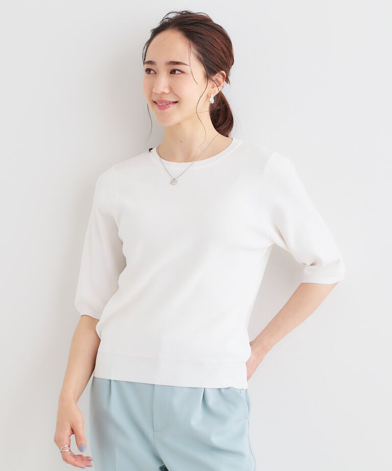 SHOO･LA･RUE「【高レビュー/洗える/S-LL】季節の変わり目から活躍 多機能 5分袖ニット」|ニット・セーター|